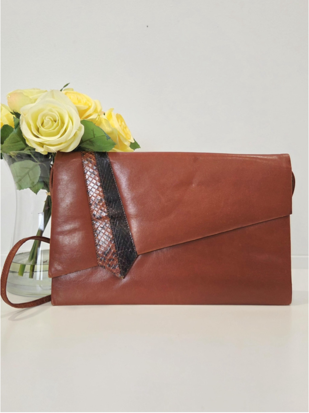Vintage Cognac Leather Clutch Made in Canada | Removable Strap, retro minimalist